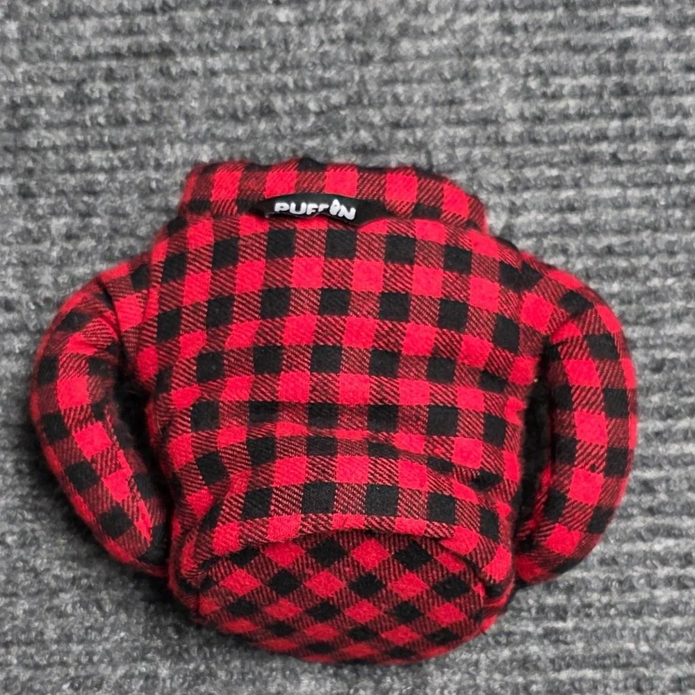 Puffin Insulated Can‎ Cooler Drink Koozie Red Black Buffalo Plaid Flannel Jacket